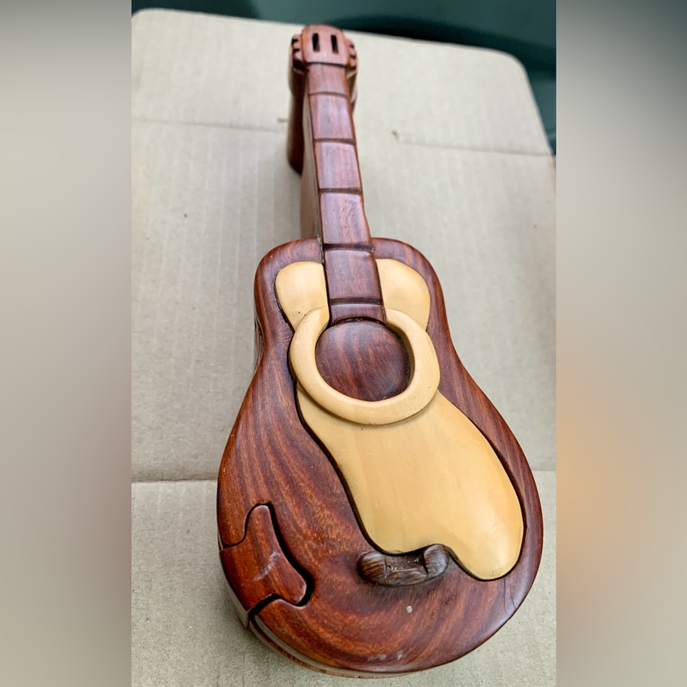 Vtg Artisan Hand Crafted Hardwood Figural Guitar Puzzle Jewelry Stash Box